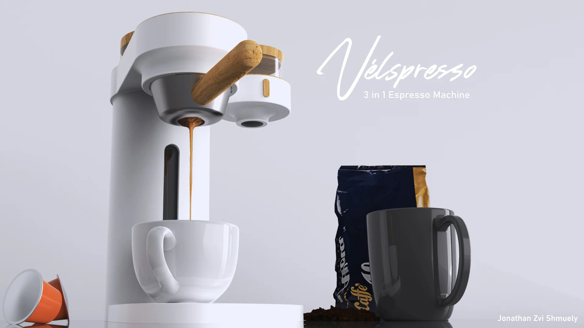 Vélspresso 3-in-1 espresso machine brewing into a cup, with a coffee bag and mug