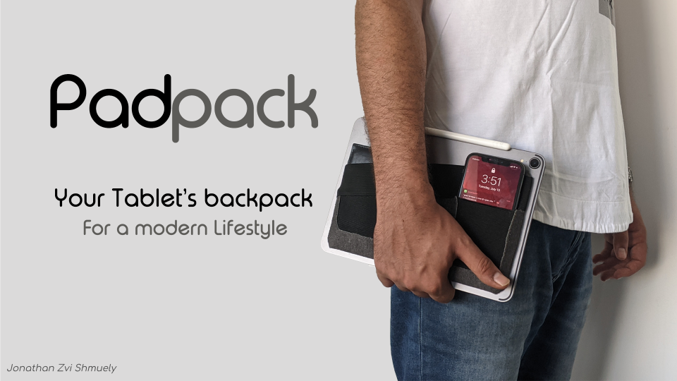 Padpack tablet backpack carried by hand, title slide