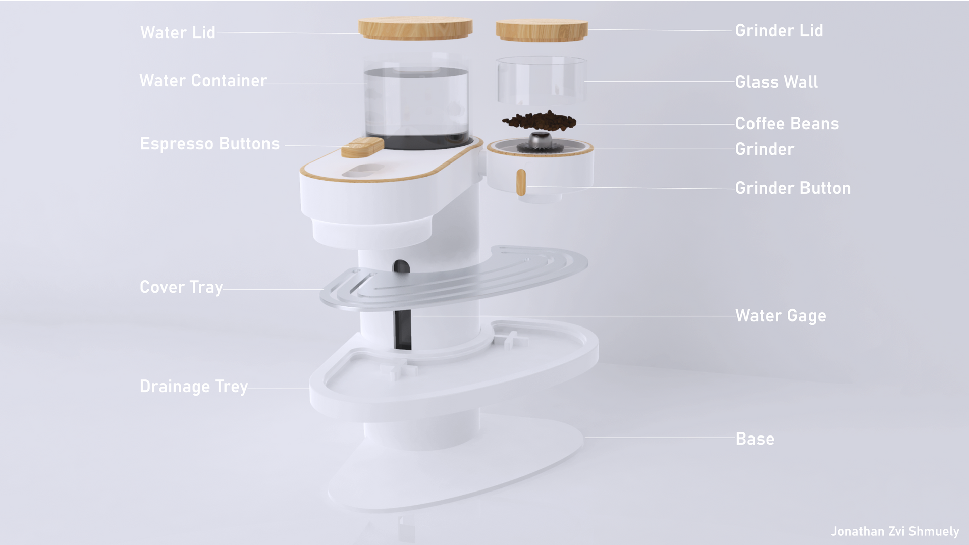 Labelled diagram of Vélspresso parts: grinder, water tank, capsule and espresso units
