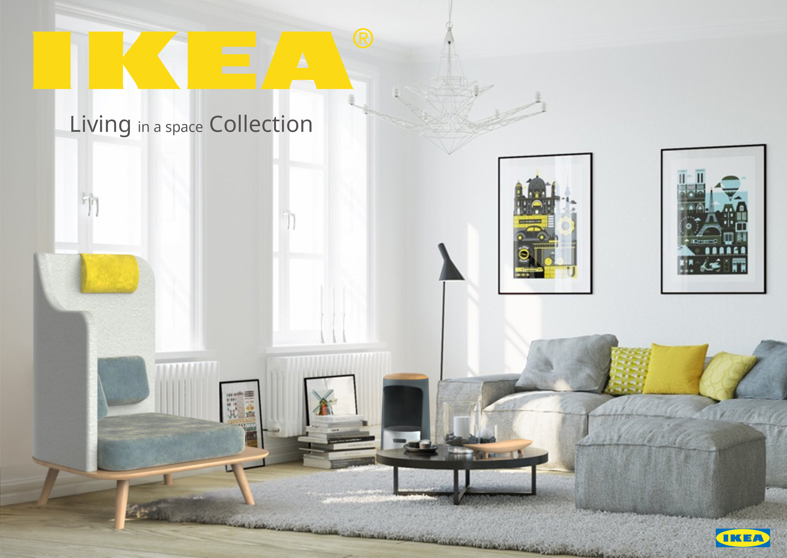 IKEA-style 'Living in a space' collection room render with armchair and sofa