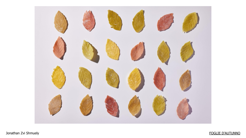 Rows of leaf pasta in yellow, red and green