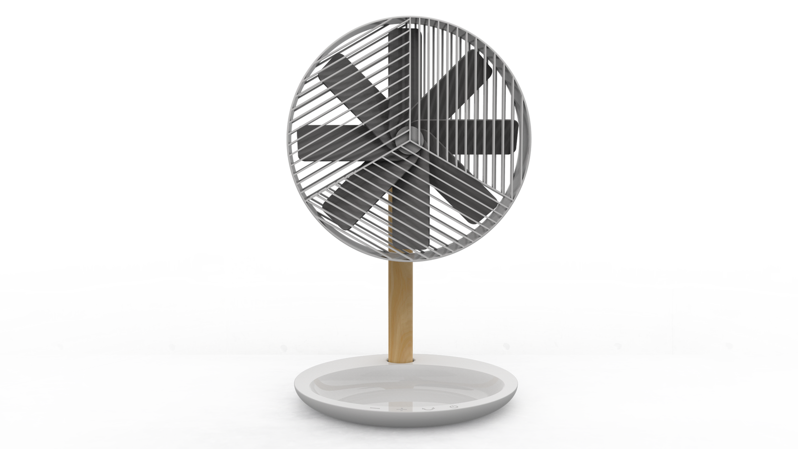 FFU fan render: round grille, wooden stem and tray base