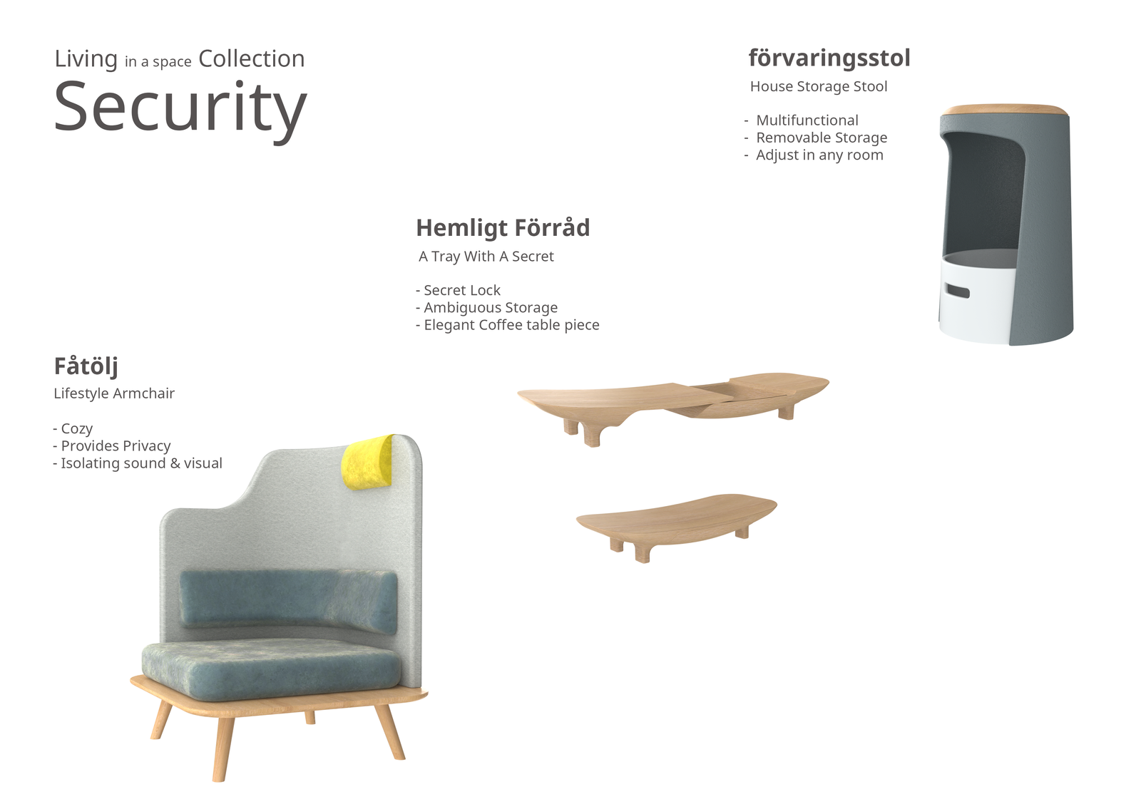 Security collection: secret-storage armchair, side table and tray