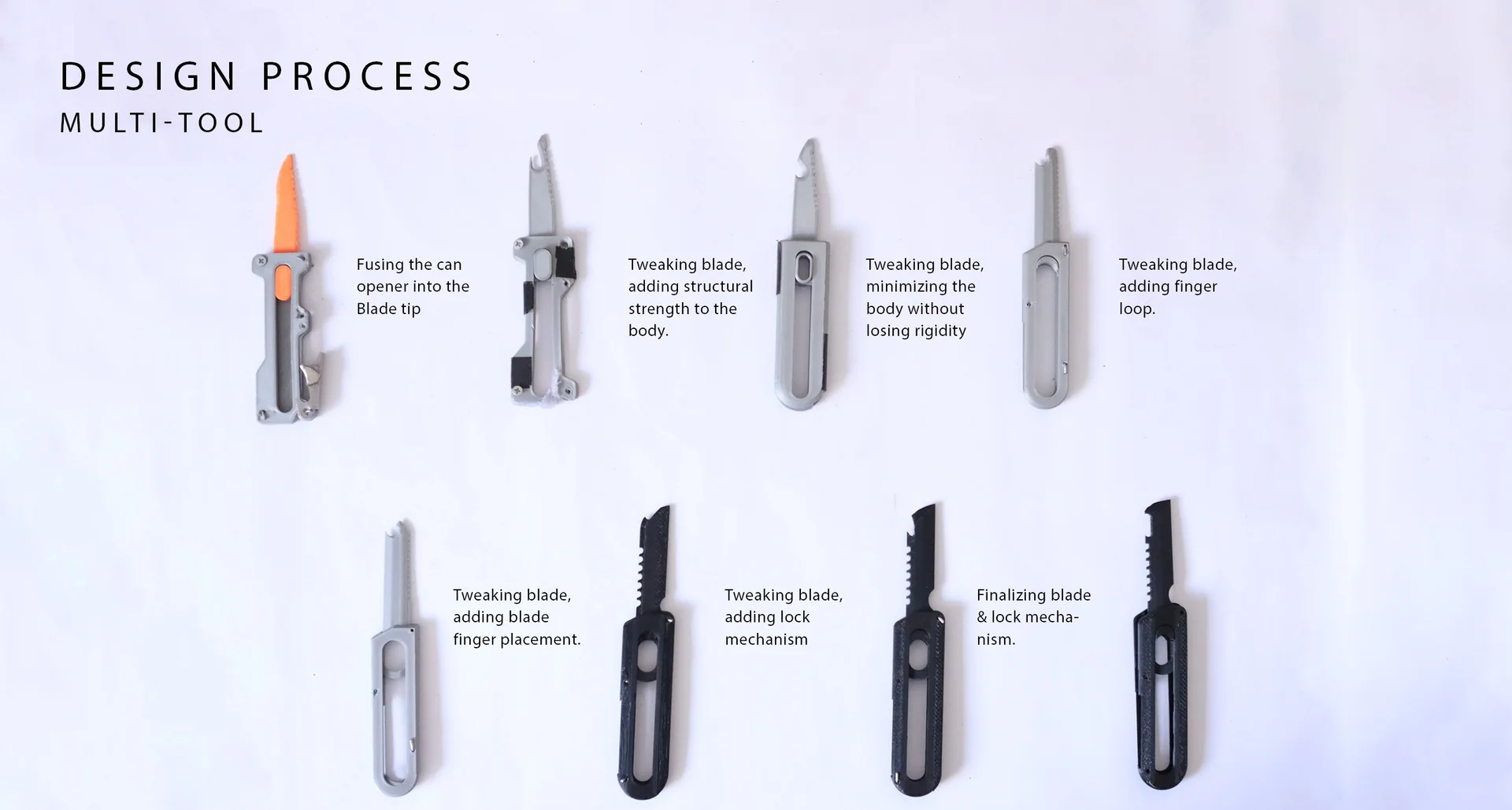 Multi-tool design process: blade and handle iterations