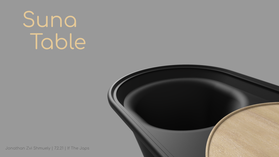 Suna Table title render: black sand-filled coffee table with wooden lid