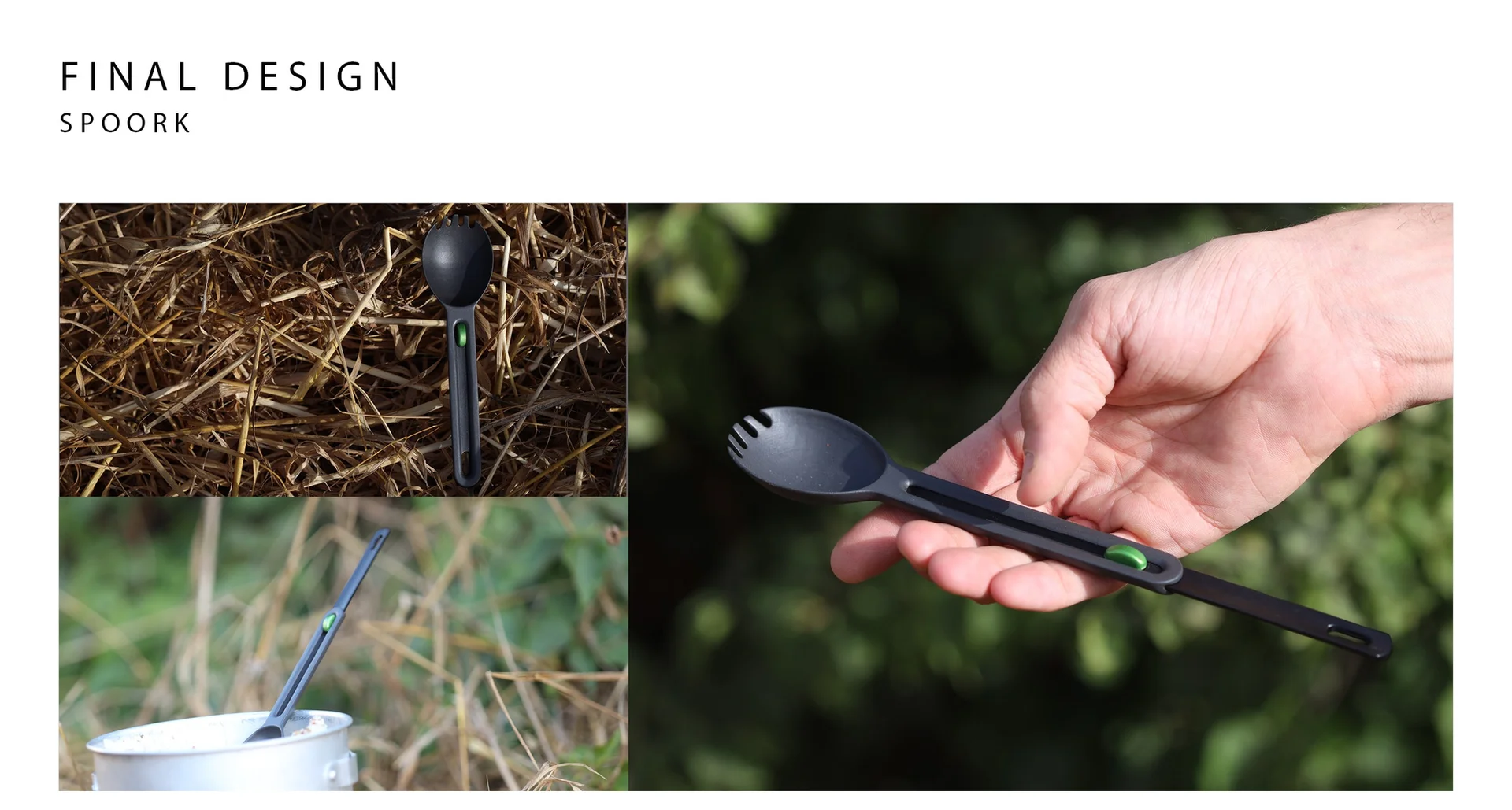 Final spork design used outdoors, held in hand and resting in a pot