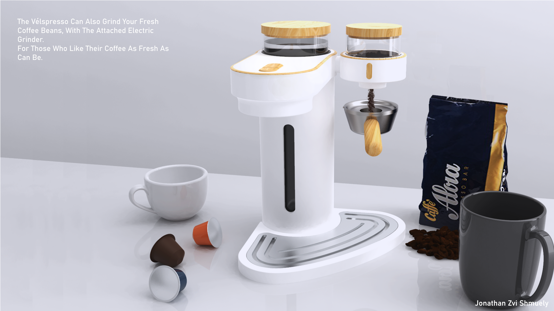 Vélspresso with bean grinder, capsules and coffee on a kitchen counter