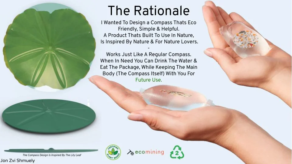F.U.C.D rationale: compass inside an edible water pouch held in hand
