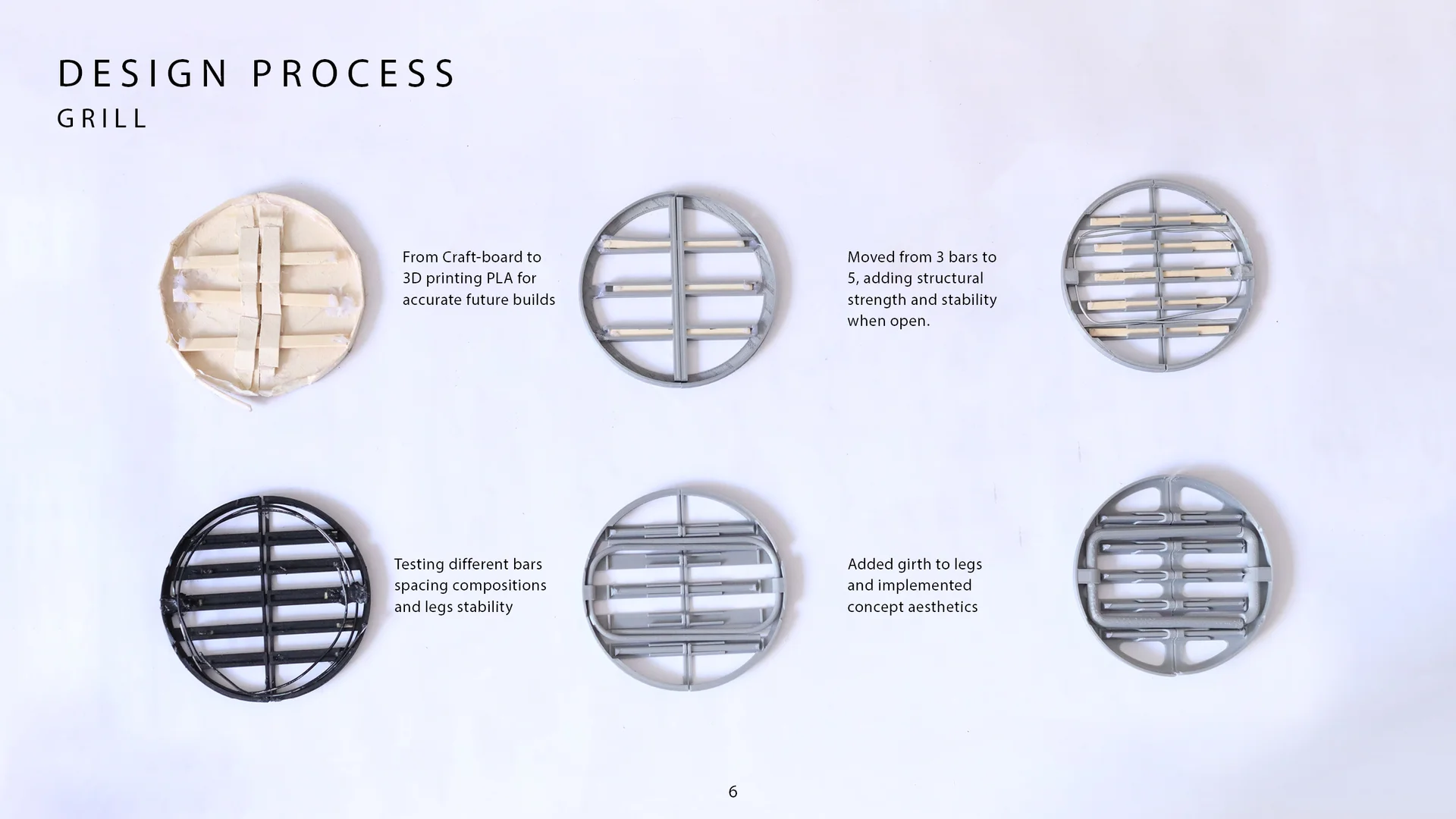 Grill design process: prototype iterations from 3D-printed to final