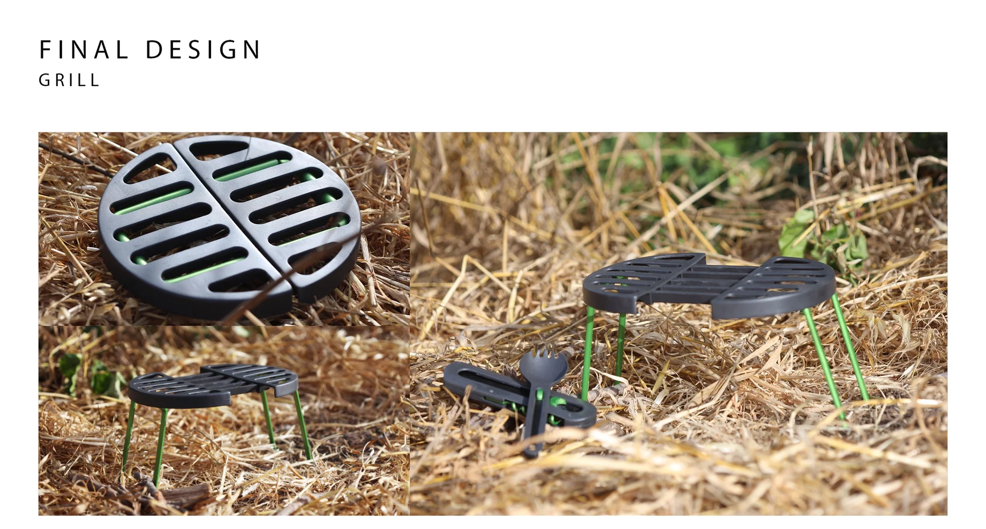Final grill design standing on grass with the pot and tools